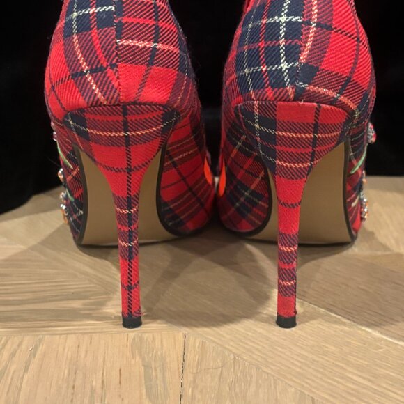 Betsey Johnson Red Plaid Embroidered Heels - Picture 4 of 6